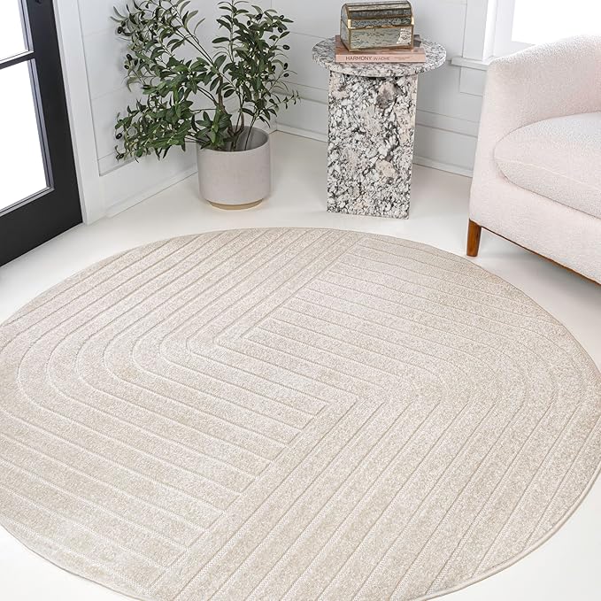 Eyely NCS101A-8R Scandinavian Odense Minimalist Angle Geometric Indoor Rug, Pet Friendly, Non-Shedding, Stain Resistant, Easy-Cleaning, Ivory/Cream, 8' Round, Indoor/Outdoor, Area Rug