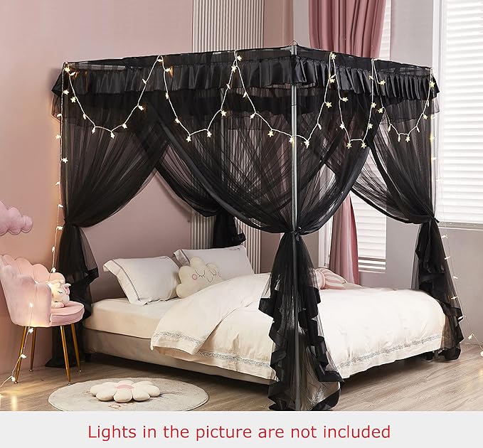 Mengersi Black Bed Canopy, 4 Corner Post Bed Canopy Curtains, Quick and Easy Installation for King Size Beds