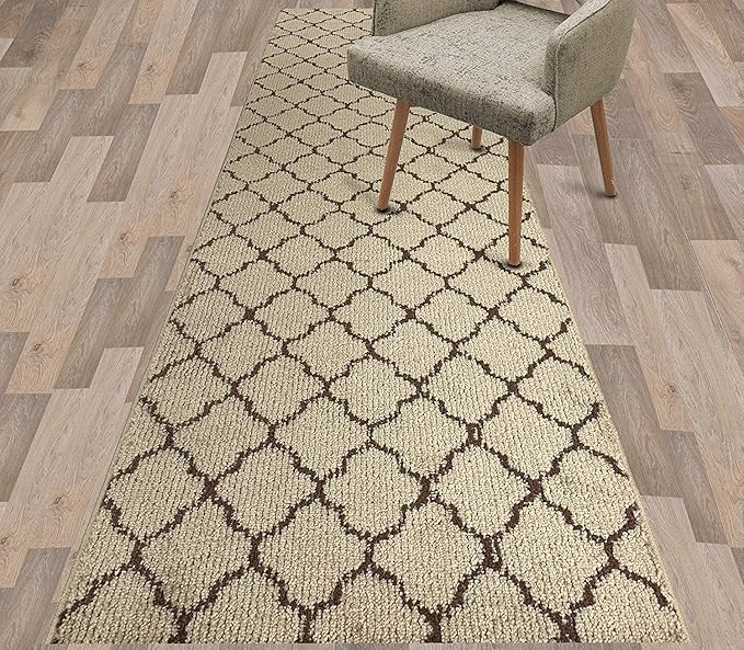 Custom Size Modern Runner Rug Carpet for Hallway Entryway Foyer Kitchen, Slip Resistant Latex Rubber Backed 31 inch Wide X Customized Length, Trellis Beige, 31 inch X 7 feet