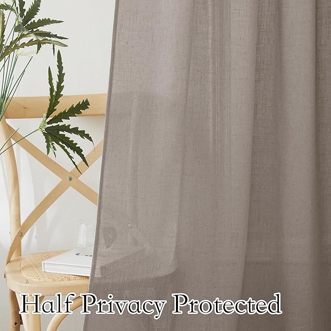 RYB HOME Privacy Sheer Curtains - Dual Rod Pocket Semi Sheer Drapes for Living Room, Linen Semi-Translucent Curtains for Bedroom, Birch Brown, 52 Wide x 63 inches Long, 1 Pair