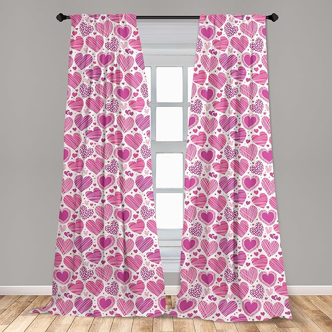 Ambesonne Valentines Window Curtains, Romantic Heart Shapes with Many Different Designs Polka Dots Crossed Lines, Lightweight Decorative Panels Set of 2 with Rod Pocket, 56" x 84", Pink White