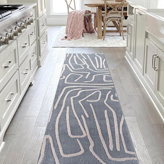 JONATHAN Y Graphic Lines High-Low Runner Rug 2X8 Blue/White, Alcina Modern Scandinavian for Living Room, Bedroom, Kitchen, Easy-Cleaning, High Traffic, Pet-Friendly, Non-Shedding SND102D-28