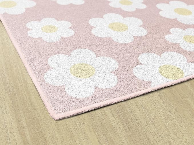 Flagship Carpets Schoolgirl Style Retro Daisies on Pink Educational Area Rug for Kids Room Seating Décor, Children's Classroom, Play Carpet for Teaching and Playroom, 7'6 "x 12'