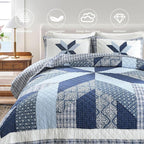 Secgo Handmade Quilted 100% Cotton Queen Comforter Set for Bed - 100% Cotton Quilts Queen Size, Black Bedspreads (90 * 98 Inch) with 2 Pillow Shams, Patchwork Reversible Lightweight Bedding