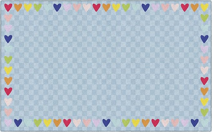 Flagship Carpets Schoolgirl Style Blue with Rainbow Hearts Border Educational Area Rug for Kids Room Seating Décor, Children's Classroom, Play Carpet for Teaching and Playroom, 7'6" x 12', Blue