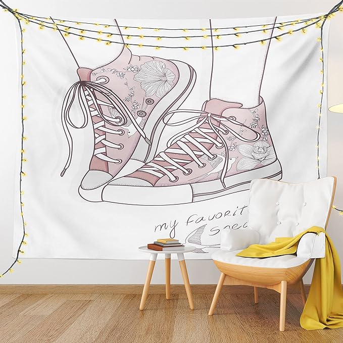 Lunarable Cartoon Tapestry, Shoes with Floral Pattern Teenage Girls Sneakers Flowers Birds Retro Urban, Wall Hanging for Bedroom Living Room Dorm Decor, 60" X 80", Rose White