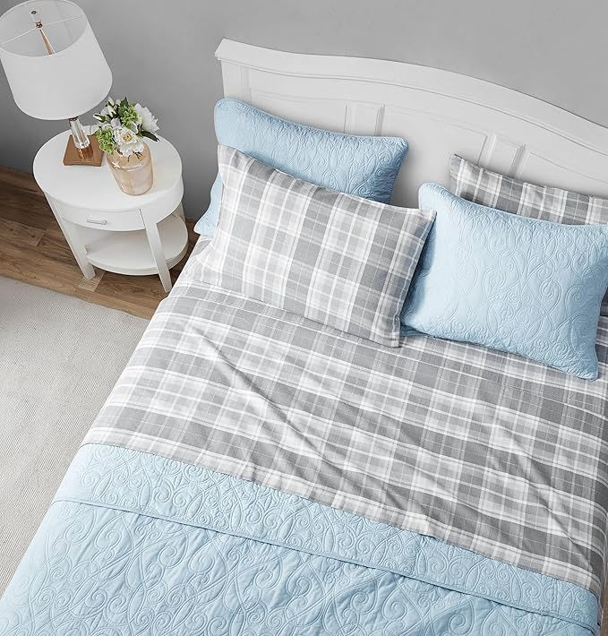 Laura Ashley - Flannel Sheets King Size, Anti-Pilling & Wrinkle Resistant Cotton, Touchably Soft for All-Season Comfort - Bed Sheets with Matching Pillowcases & Fitted Sheet (Mulholland Plaid Grey)