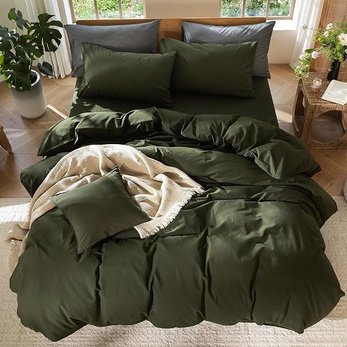 MooMee Bedding Duvet Cover Set 100% Washed Cotton Linen Like Textured Breathable Durable Soft Comfy (Solid Olive Green, Oversized King Plus 128"x120")