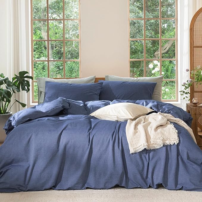 MooMee Bedding Duvet Cover Set 100% Washed Cotton Linen Like Textured Breathable Durable Soft Comfy (Heathered Blue, Oversized King Plus 128"x120")