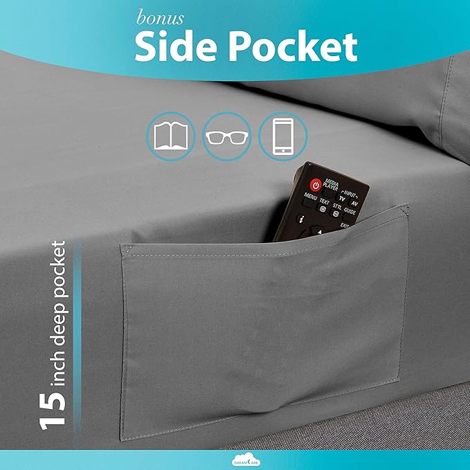 DREAMCARE Twin Sheets Set – 3pcs Cooling Sheets – up to 15” Deep Pocket Twin Sheet Set – Hotel Luxury Sheets & Pillowcases – Superior Softness 100% Fine Microfiber with Side Pocket – Gray