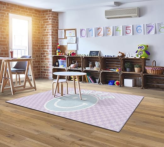 Flagship Carpets Schoolgirl Style Smiley on Lavender Checkerboard Educational Area Rug for Kids Room Seating Décor, Children's Classroom, Play Carpet for Teaching and Playroom, 5' x 7'6", Purple