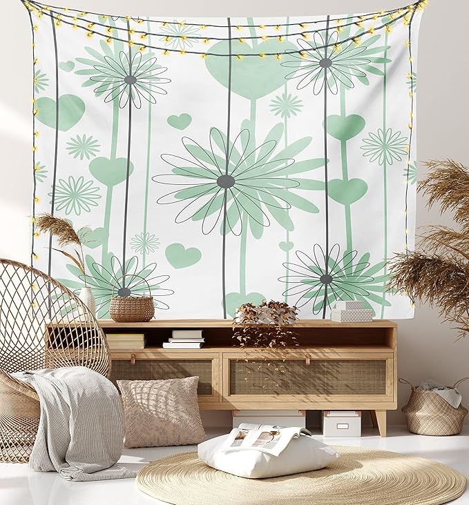 Lunarable Hearts Tapestry, Floral Abstract Striped Background Soft Color Daisies Nature Flourish, Wide Wall Hanging for Bedroom Living Room Dorm, 60" X 40", Mint Green Charcoal Grey