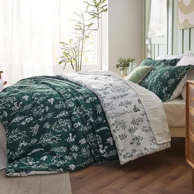 Bedsure Twin/Twin XL Comforter Set - Emerald Bed Set, 2 Pieces Cute Floral Bedding, 1 Soft Reversible Botanical Flowers Comforter and 1 Pillow Sham
