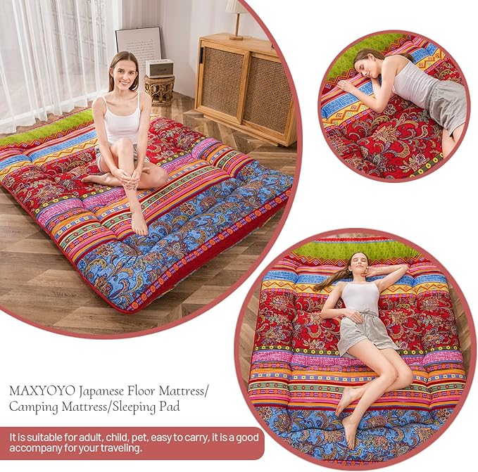 MAXYOYO Bohemian Retro Floor Mattress Vintage Floral Japanese Futon Mattress Roll Up Thicken Sleeping Bed Portable Camping Mattress Floor Lounger Couch Bed Mattress Pad, Queen Size