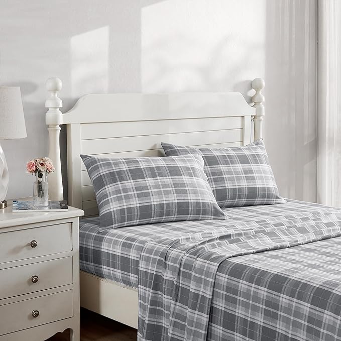 Laura Ashley - Flannel Sheets Queen Size, Anti-Pilling & Wrinkle Resistant Cotton, Touchably Soft for All-Season Comfort - Bed Sheets with Matching Pillowcases & Fitted Sheet (Mulholland Plaid Grey)