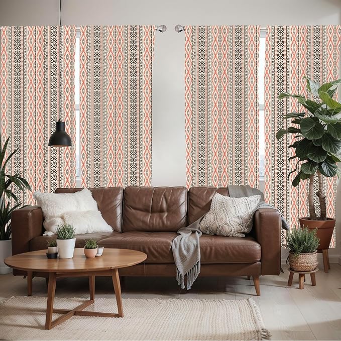 Ambesonne Southwestern Window Curtains Pack of 2, Traditional Vertical Borders Inspired by Prehistoric Art Ikat Style, Lightweight Set with Rod Pocket, 4 Panels of - 28" x 95", Brown Coral
