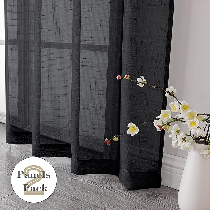Aiyufeng Kirei Faux Linen Black Sheer Curtains 84 Inches Long 2 Panels, Light Filtering Slub Textured Breathable Rod Pocket Curtain Drapes for Farmhouse Living Room Bedroom, Each 40Wx84L Inch