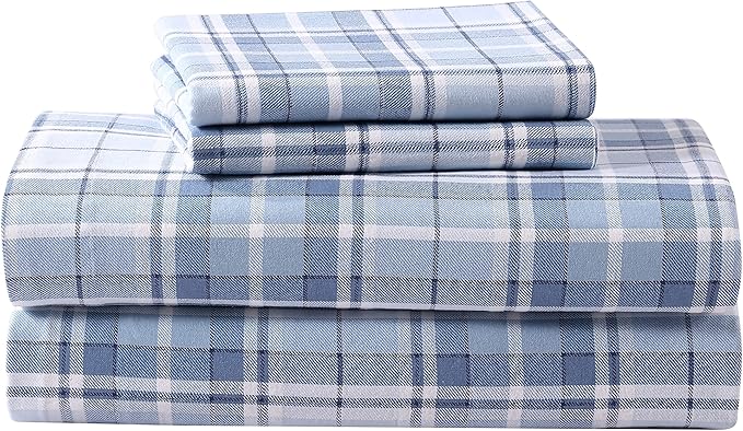 Laura Ashley - Flannel Sheets King Size, Anti-Pilling & Wrinkle Resistant Cotton, Touchably Soft for All-Season Comfort - Bed Sheets with Matching Pillowcases & Fitted Sheet (Mulholland Plaid Blue)