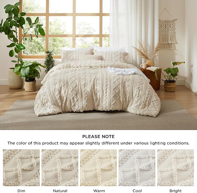 Bedsure Tufted Boho Comforter Set Oversized Queen - Beige Boho Bed Set, GentleSoft™ 3 Pieces Farmhouse Shabby Chic Embroidery Bedding, Gifts for Woman, Soft Jacquard Comforter for All Seasons
