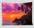 Ambesonne Ocean Tapestry, Exotic View of Tropical Beach by The Ocean with Palms and Waves Toward The Rocks, Wide Wall Hanging for Bedroom Living Room Dorm, 80" X 60", Purple Orange