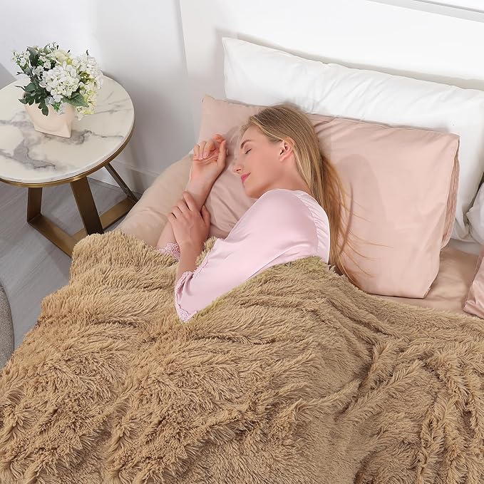 Tuddrom Decorative Extra Soft Faux Fur Throw Blanket 50" x 60",Solid Reversible Fuzzy Long Hair Shaggy Blanket,Fluffy Cozy Plush Fleece Comfy Microfiber Fur Blanket for Couch Sofa Bed,Camel