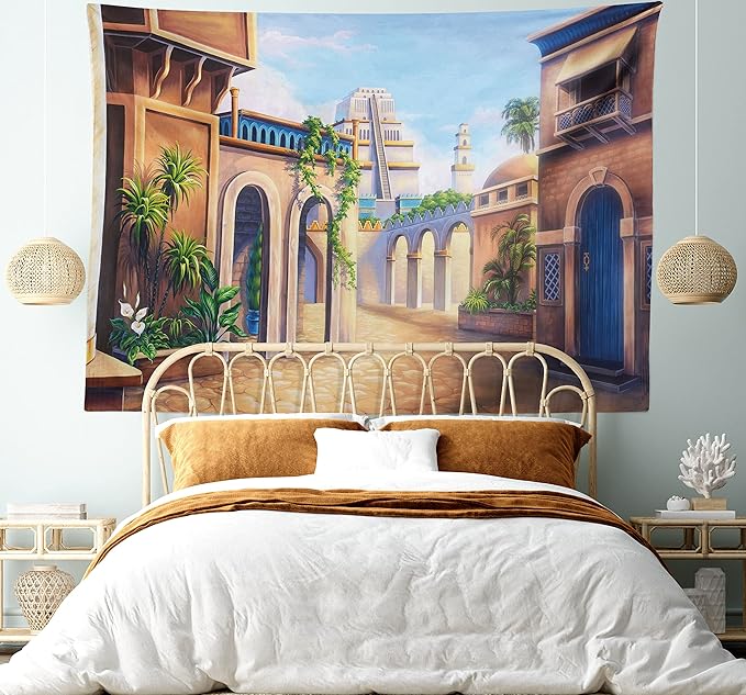 Lunarable City Tapestry King Size, Babylon City Gardens Architecture 7 Wonders of the World, Wall Hanging Bedspread Bed Cover Wall Decor, 104" X 88", Caramel Green