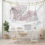 Lunarable Cartoon Tapestry King Size, Shoes with Floral Pattern Teenage Girls Sneakers Flowers Birds Retro Urban, Wall Hanging Bedspread Bed Cover Wall Decor, King Size, Rose White