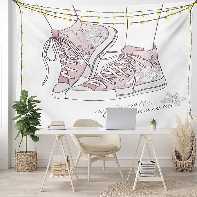 Lunarable Cartoon Tapestry King Size, Shoes with Floral Pattern Teenage Girls Sneakers Flowers Birds Retro Urban, Wall Hanging Bedspread Bed Cover Wall Decor, King Size, Rose White