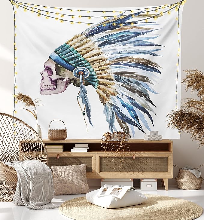 Lunarable Watercolor Tapestry, Skull Native Hat Indigenous Cultures Circle of Life Death, Wall Hanging for Bedroom Living Room Dorm Decor, 40" X 60", Cream Blue