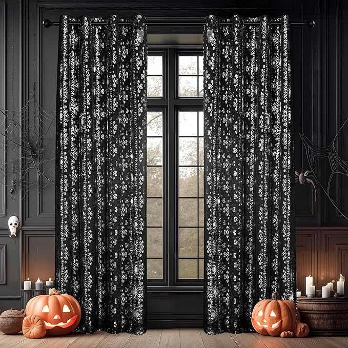 NICETOWN Black Voile Sheer with Glitter Silver Web, Grommet Halloween Spider Pattern for Window Decor, Party & Seasonal Home, W54 x L96, 2 Panels