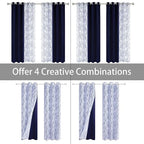BONZER Mix and Match Curtains - 2 Pieces Branch Print Sheer Curtains and 2 Pieces Blackout Curtains for Bedroom Living Room Grommet Window Drapes, 37x84 Inch/Panel, Indigo, Set of 4 Panels