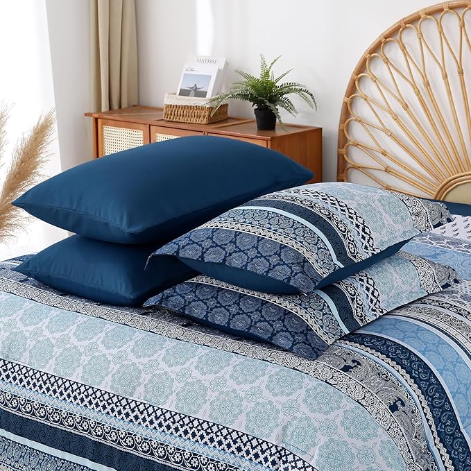 Cottolester Boho Comforter Set California King Size,8 Pieces Navy Blue Bohemian Striped Bed in a Bag,Paisley Soft Microfiber Bedding Comforter Set