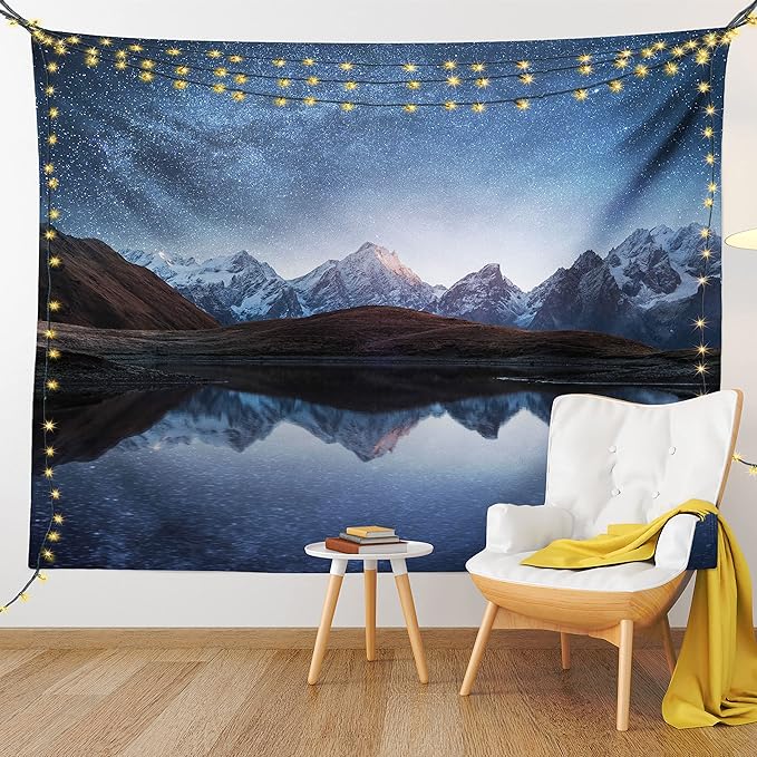 Lunarable Star Tapestry Queen Size, Night Sky with Milky Way Over a Mountain Landscape Lake Cosmos Galaxy Scenery Universe, Wall Hanging Bedspread Bed Cover Wall Decor, Queen Size, Brown Blue