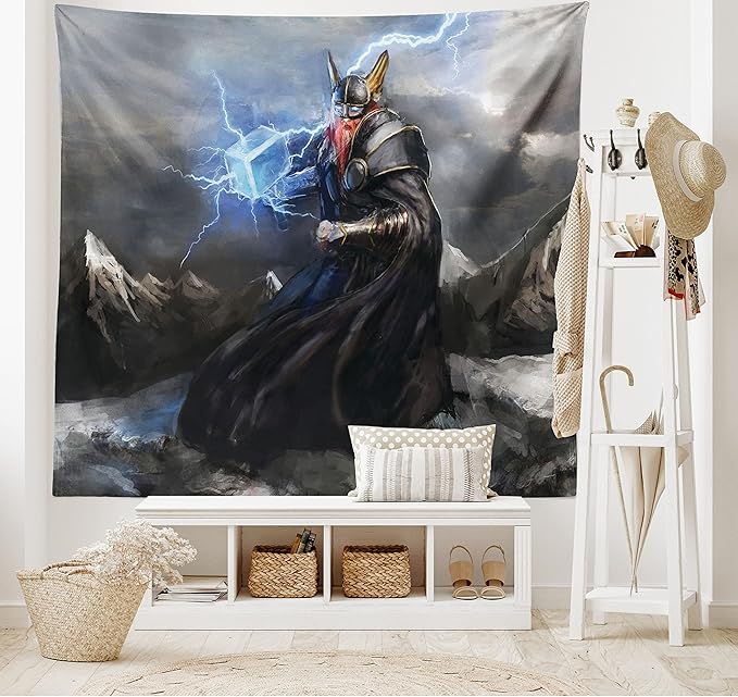 Lunarable Viking Tapestry, Thor Mjolnir and Thunder Flying Over Mountains Angry Warrior from Norse Myths, Wide Wall Hanging for Bedroom Living Room Dorm, 80" X 60", Grey Yellow