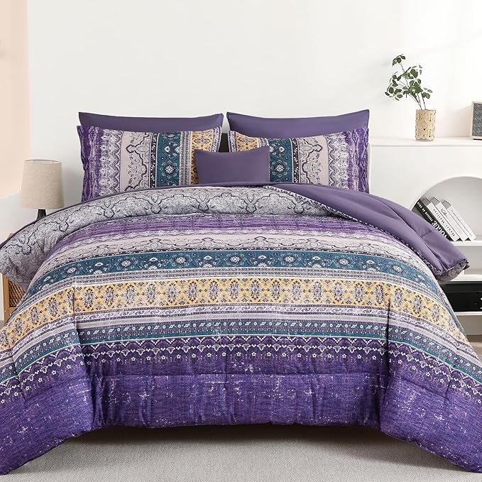 Boho King Size Comforter Set 8 Pieces, Violet Bohemian Striped Bed in a Bag, Paisley Soft Microfiber Bedding Comforter Set