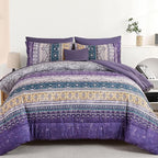 Boho King Size Comforter Set 8 Pieces, Violet Bohemian Striped Bed in a Bag, Paisley Soft Microfiber Bedding Comforter Set