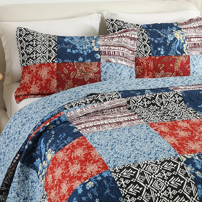 Secgo Twin Comforter Set for Bed - 100% Cotton Quilts Twin Size, Black Bedspreads (68 * 86 Inch) with 2 Pillow Shams, Patchwork Reversible Lightweight Bedding