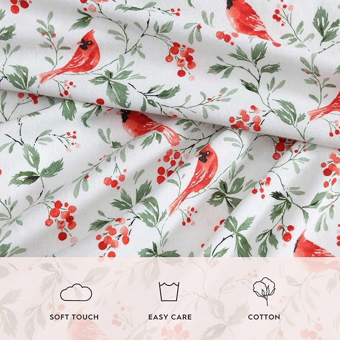 Laura Ashley - Flannel Sheets Queen Size, Anti-Pilling & Wrinkle Resistant Cotton, Touchably Soft for All-Season Comfort - Bed Sheets with Matching Pillowcases & Fitted Sheet (Jolly Cardinals Green)