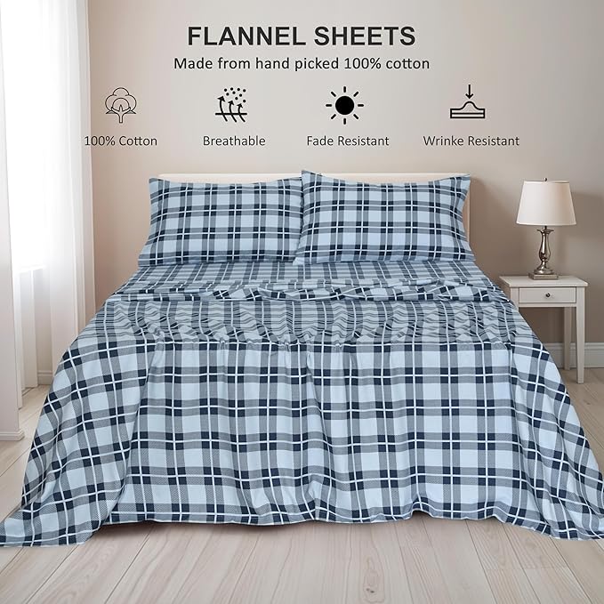 RUVANTI Flannel Sheets Full Size - 100% Cotton Double Brushed Bed Sheets Set, Deep Pockets 16 Inches, All Seasons Breathable & Extra Soft Full Sheets, Warm & Cozy, 4 Piece, Illusion Check