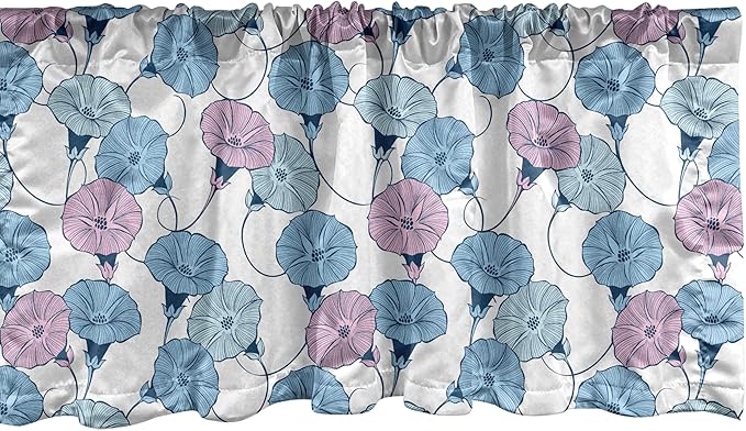 Ambesonne Flower Window Valance Pack of 2, Delicate Pastel Spring Trill Bindweeds, Rod Pocket Curtain Valances for Kitchen Bedroom, 54" X 12", Blue Grey Mauve
