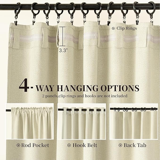 KangBang Ivory Cream Blackout Linen Curtains 84 Inches Long 2 Panels Set, Pinch Pleated Thermal Insulated Drapes Back Tab Baby Sleep Friendly Window Treatments Buttermilk, 52Wx84L.