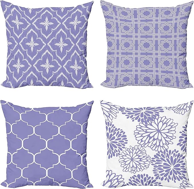 Ambesonne Vintage Throw Pillow Cushion Case Pack of 4, Monochrome Design Grid Trellis Quatrefoil Mesh and Dahlia Flowers Modern Print, Modern Accent Double-Sided Digital Printing, 18", Lavender White