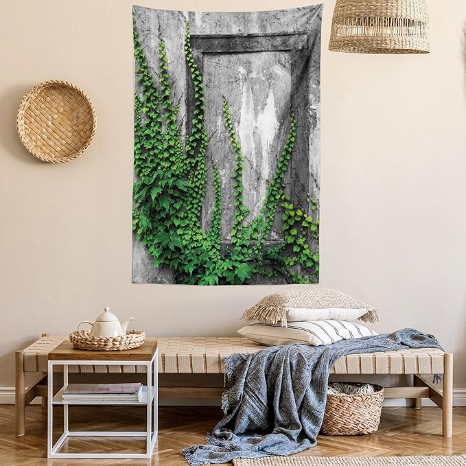 Ambesonne Mystic Tapestry, Ivy Plant on Wall Aged Antique Looking Picture Frame as a Window Creative Art, Wall Hanging for Bedroom Living Room Dorm Decor, 40" X 60", Green Grey