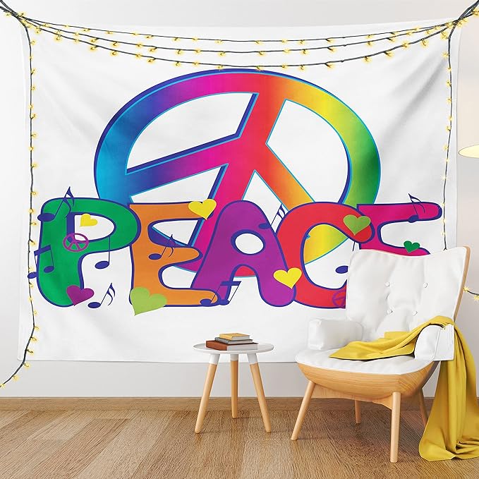 Ambesonne Groovy Tapestry, Peace Text Sign Letters Seventies Musical Historic Revolution Equality Illustration, Wall Hanging for Bedroom Living Room Dorm Decor, 40" X 60", Pink Blue