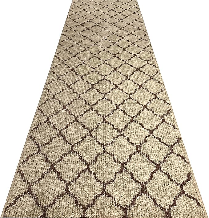Custom Size Modern Runner Rug Carpet for Hallway Entryway Foyer Kitchen, Slip Resistant Latex Rubber Backed 31 inch Wide X Customized Length, Trellis Beige, 31 inch X 7 feet