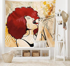 Lunarable Afro Tapestry, Popular Singer Karaoke Style Microphone Performance American Woman, Fabric Wall Hanging Decor for Bedroom Living Room Dorm, 45" X 30", Burgundy Orange