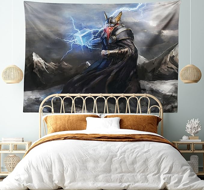 Lunarable Viking Tapestry, Thor Mjolnir and Thunder Flying Over Mountains Angry Warrior from Norse Myths, Wide Wall Hanging for Bedroom Living Room Dorm, 80" X 60", Grey Yellow