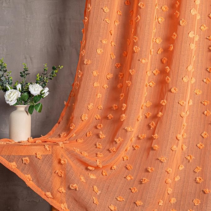 MYSKY HOME Pom Pom Orange Sheer Curtains for Bedroom Girls Room Curtains 84 Inches Long for Nursery Kids Light Filtering Boho Window Drapes, Rod Pocket, 52" Wide, 2 Panels