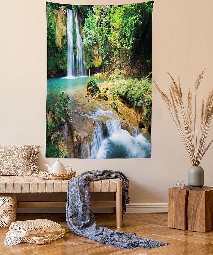 Lunarable Nature Tapestry King Size, Green Forest Waterfall and River Pool Pond Water Source Earth Landscape, Wall Hanging Bedspread Bed Cover Wall Decor, 23" X 28", Pale Brown and Green