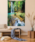 Lunarable Nature Tapestry King Size, Green Forest Waterfall and River Pool Pond Water Source Earth Landscape, Wall Hanging Bedspread Bed Cover Wall Decor, 30" X 45", Pale Brown and Green